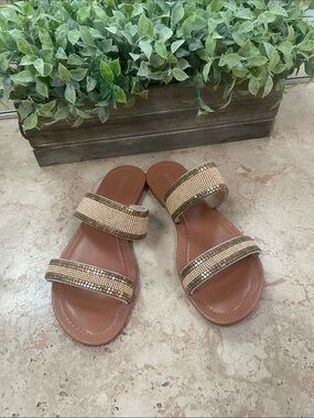Olivia Miller Brown Slide Sandals with Gold Embellishment